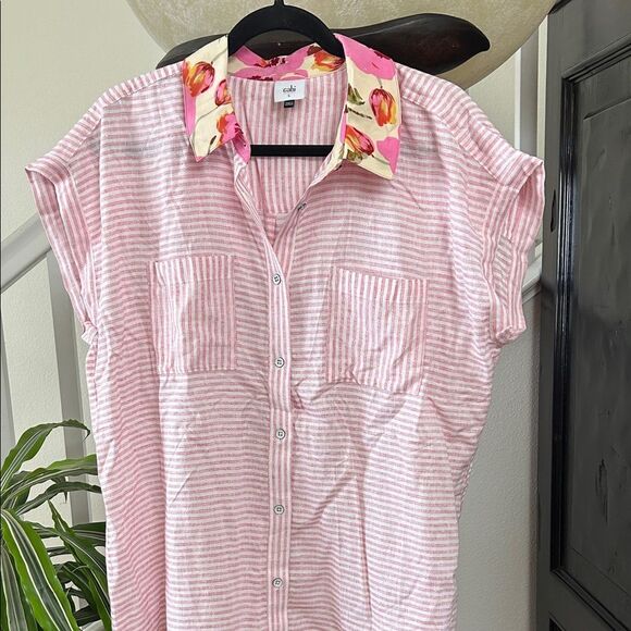 CAbi Pink Striped Shirt with Floral Collar - Picture 1 of 2